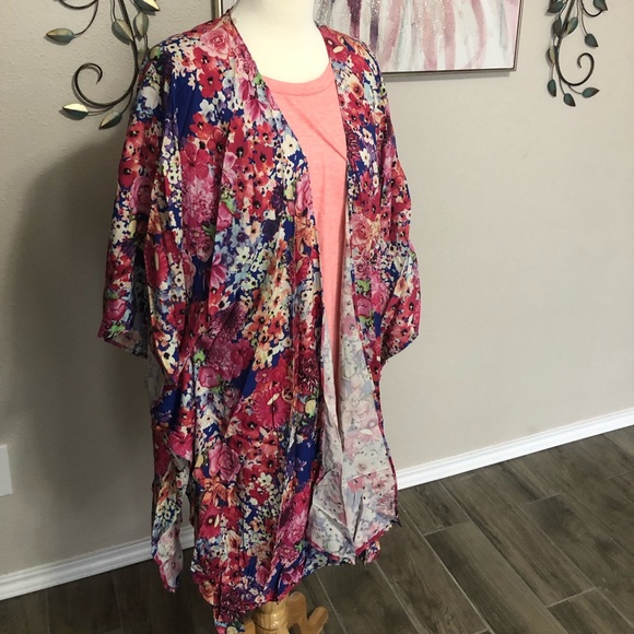 Umgee Embroidery Open Front Kimono with Pleated Shoulder Detail